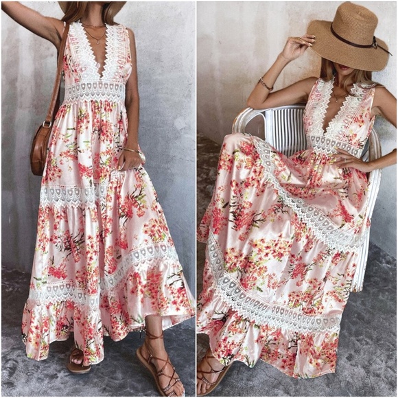 Boho Lace V neck Ruffle Maxi Dress Sleeveless - Picture 2 of 5